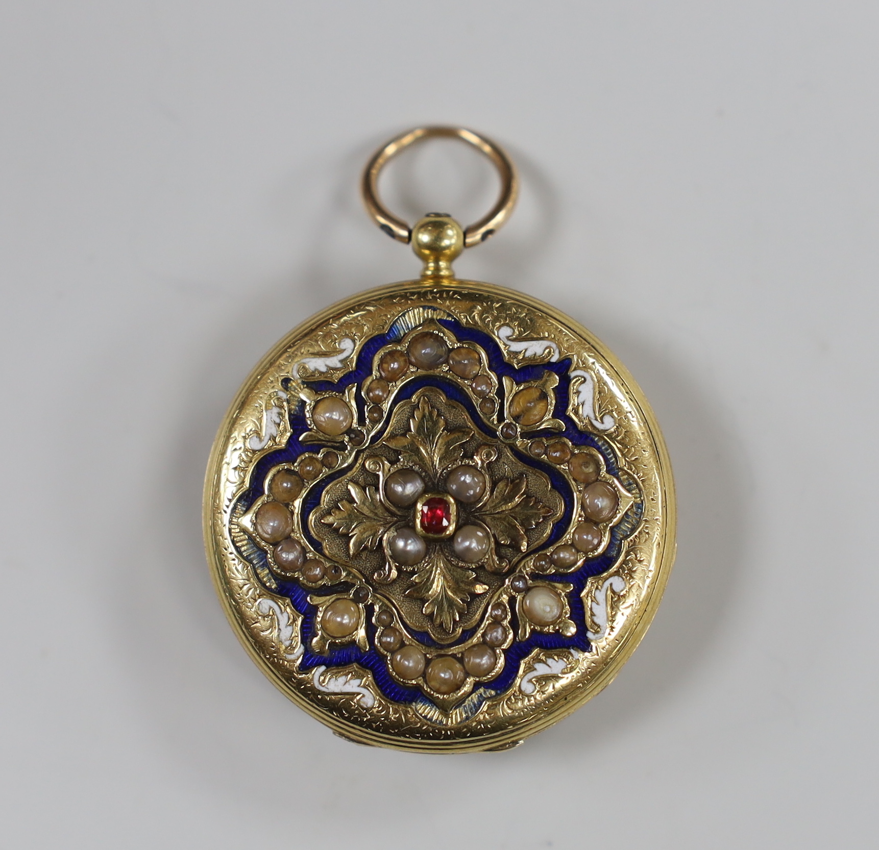 A lady's early 20th century continental 18k, two colour enamel and gem set open faced fob watch, with Roman dial, case diameter 32mm, gross weight 28.5 grams.